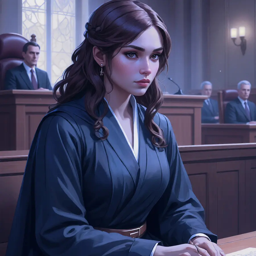 Featured image for Giartbell - The Trial Rock Ballad. A haunting cinematic portrait of a young girl with long brown hair, wearing a dark blue robe, sitting in a crowded courtroom. She is surrounded by judges and guards, looking directly forward with a sorrowful gaze, referencing the tragic story of betrayal in the song's lyrics.