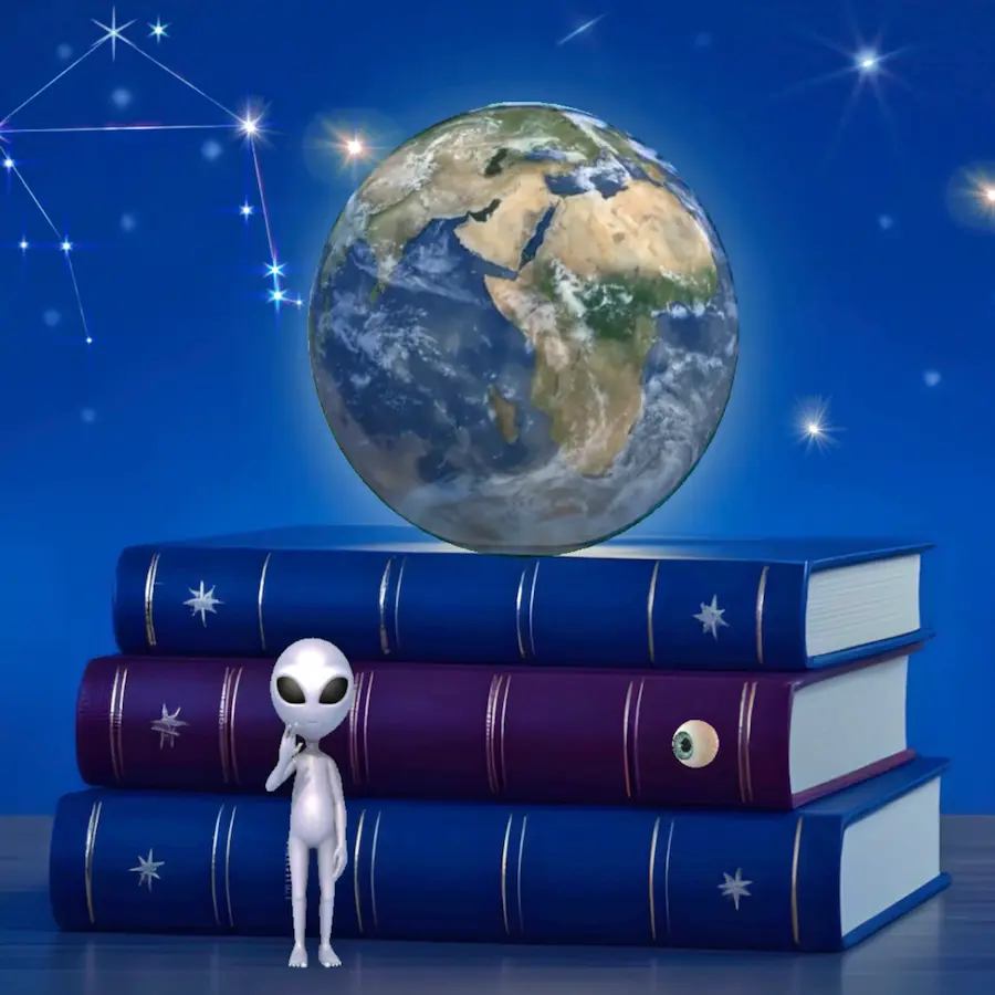 No Noise Just Law — Surreal art featuring mystical books, a globe, and an alien thinker against a starry constellation background.