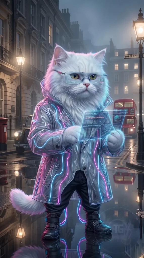 White forensic cat in translucent techwear coat with HUD glasses on Oxford St London - LawBeatRadio AI-Media Lab