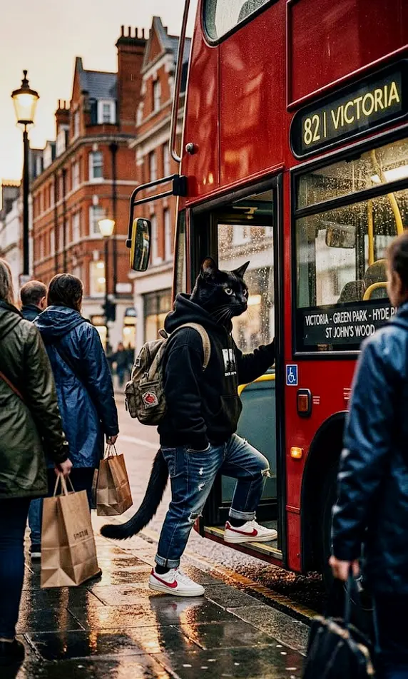 A photorealistic black cat wearing a black hoodie and jeans boarding a red London bus route 82, street photography style, high-end AI digital art.