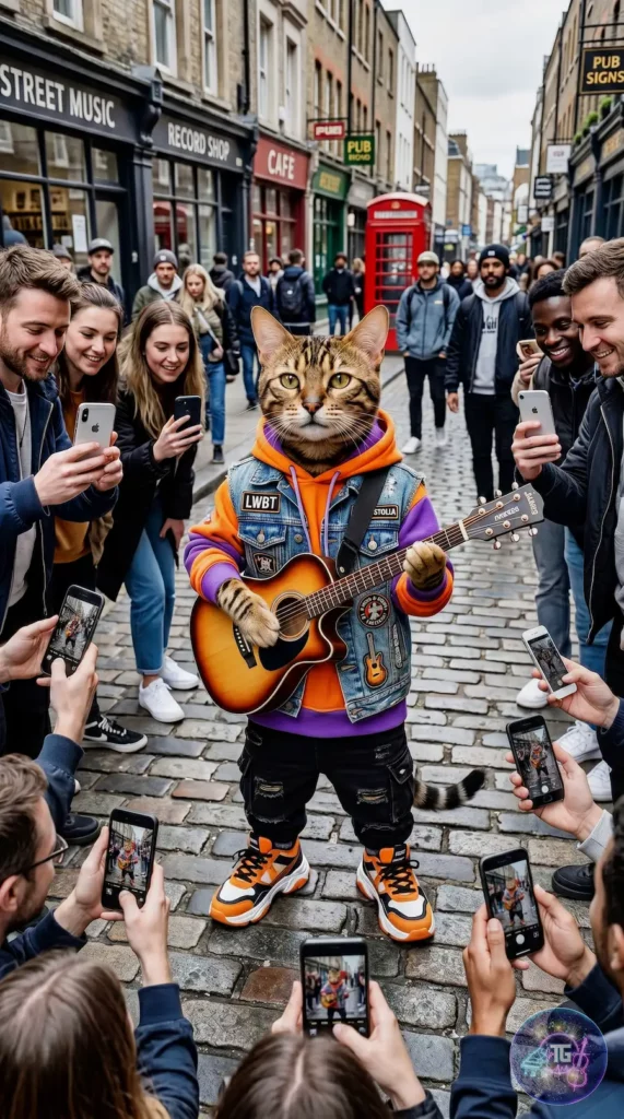 Bengal cat street musician playing guitar on a London street, wearing designer orange hoodie and denim vest, realistic 3D streetwear aesthetic, high-resolution digital art for LawBeatRadio.
