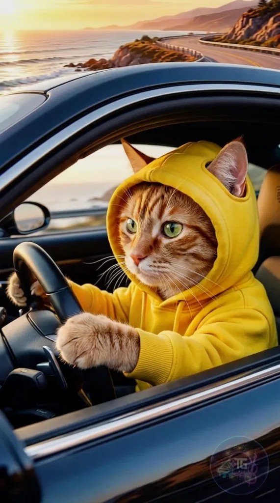 Photorealistic orange tabby cat wearing a bright yellow spring hoodie driving a luxury black sports car on a scenic coastal highway.