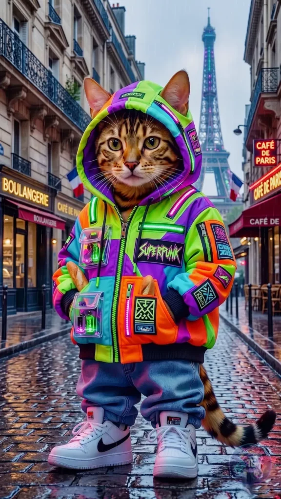 Superpunk cat in neon jacket standing on rainy Paris street near Eiffel Tower, LawBeatRadio AI Media Art.