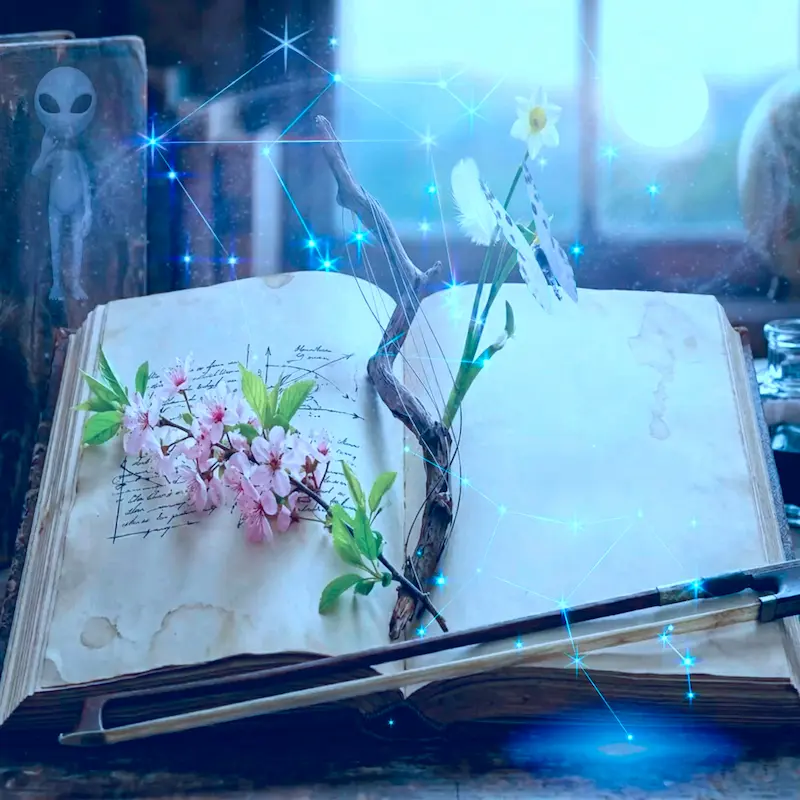 An open ancient book with cherry blossoms and a violin bow, official cover art for "Draft of a Life to Come" by Giartbell Orchestra.