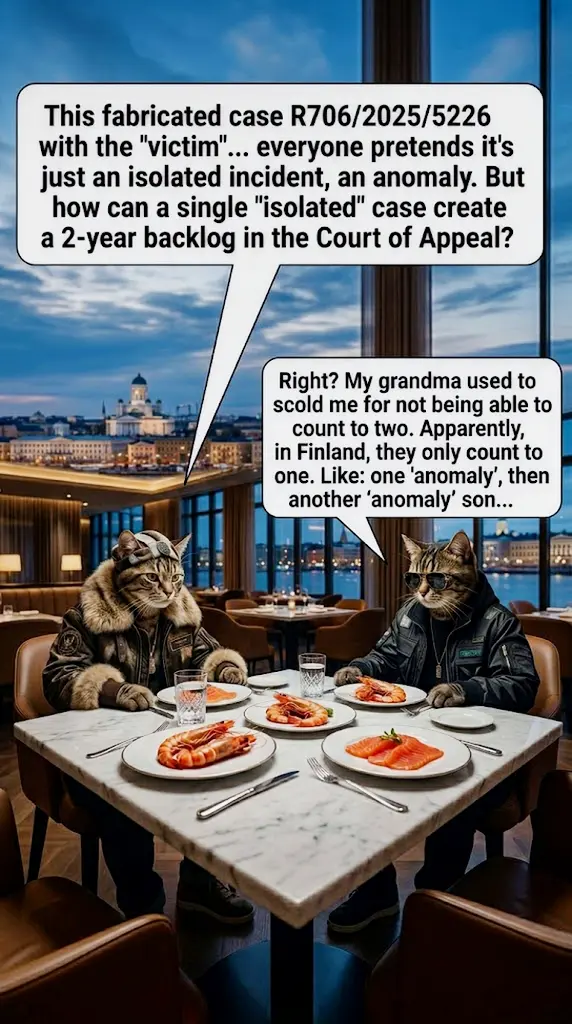 Two wealthy cats in luxury designer clothes discussing the fabricated legal case R706/2025/5226 and the Court of Appeal backlog in Finland. Legal thriller concept