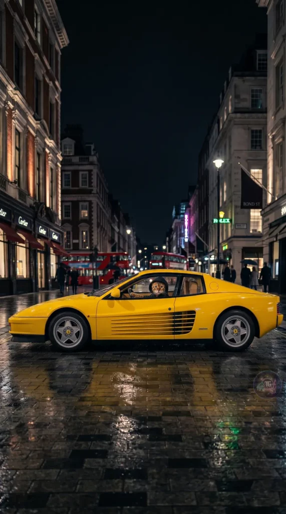 Ginger Bengal cat in a black hoodie inside a yellow classic Ferrari, Bond Street London night scene.
