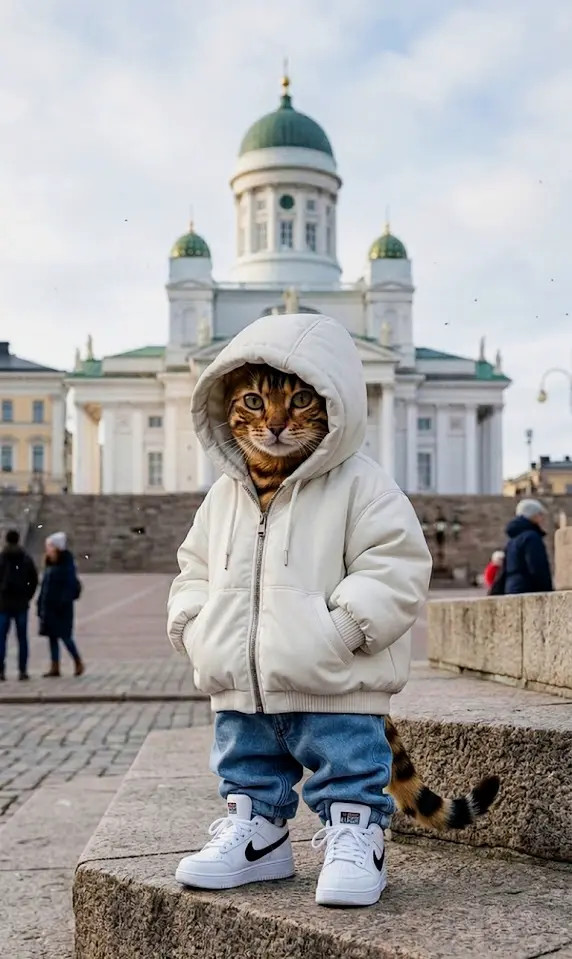 Bengal cat in a white puffer jacket with hood and jeans standing on the stairs of Helsinki Cathedral, Finnish architecture, hyper-realistic AI streetwear.