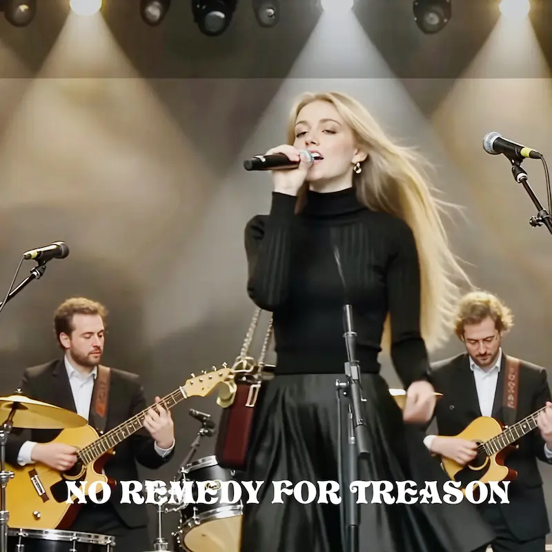 Live performance aesthetic. A blonde female vocalist in a black turtleneck performing with a rock band (guitarists and drums) under stage lights. Official cover art for 'No Remedy for Treason' by Giartbell on LawBeatRadio.