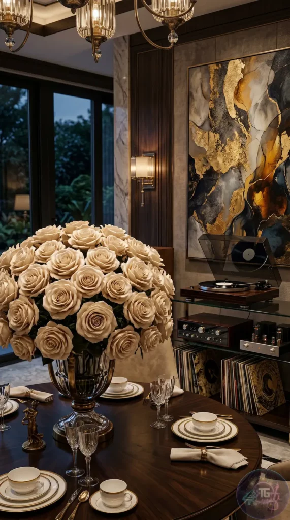 Luxury noir interior with a massive bouquet of 3D beige roses, high-end vintage vinyl record player, and gold abstract art on the wall. The signature aesthetic of LawBeatRadio Empire.