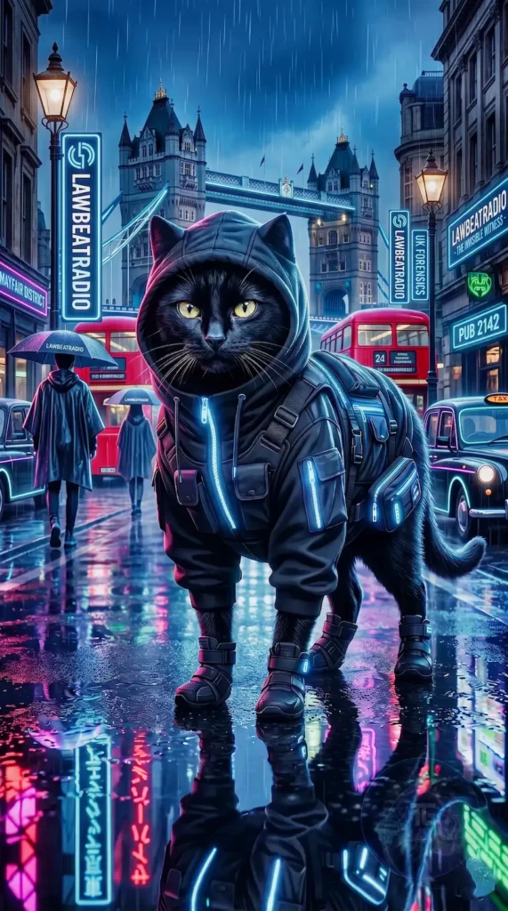 LawBeatRadio cyber cat in techwear with Tower Bridge and red buses background - London Tech Noir