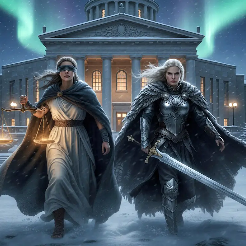 Themis with scales and Freya with a sword standing in front of a Finnish court building under Northern Lights, official cover art for the final act of the Trilogy by Giartbell Orchestra.