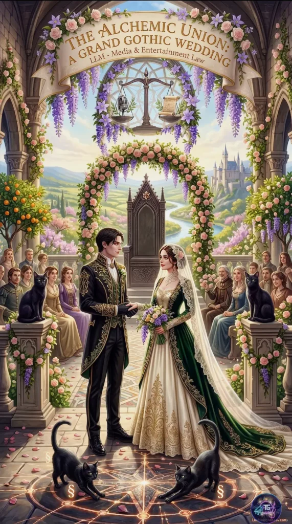 A symbolic gothic wedding scene on a cathedral balcony representing the union of Media Law and Creative Arts, featuring a couple in gold-embroidered attire with black cats, scales of justice, and alchemical law symbols.