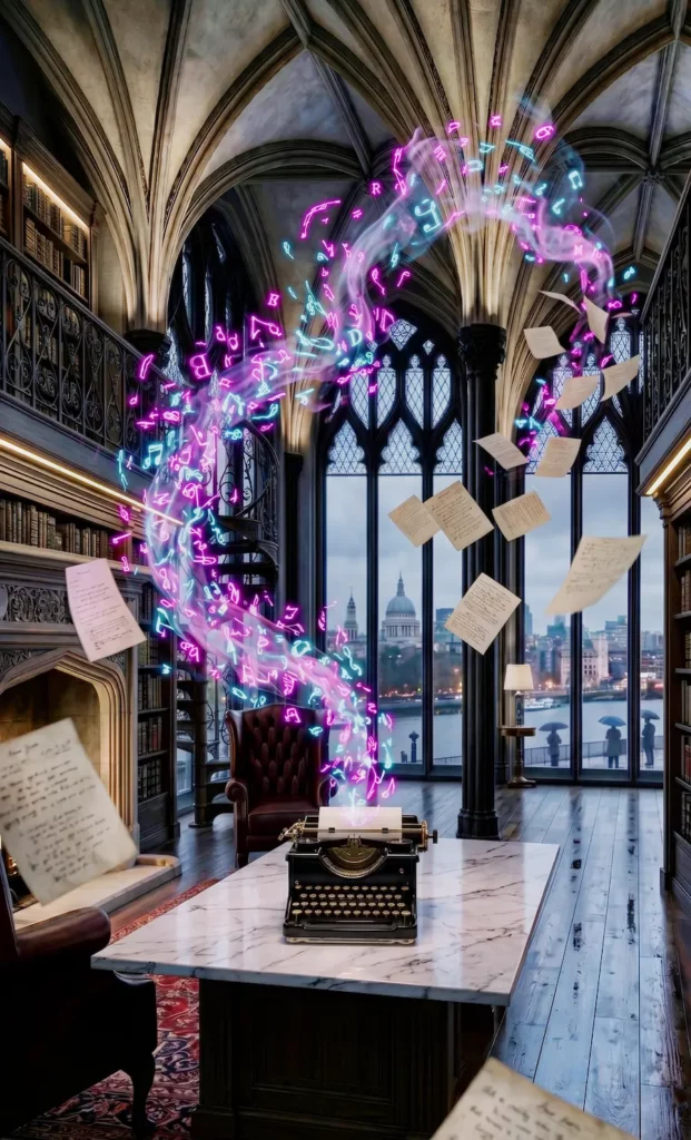 Chamber Rock lyrics section by Tanjgi Art: A vintage typewriter inside a luxury dark Gothic library in London with neon magenta and cyan letters flying in the air.