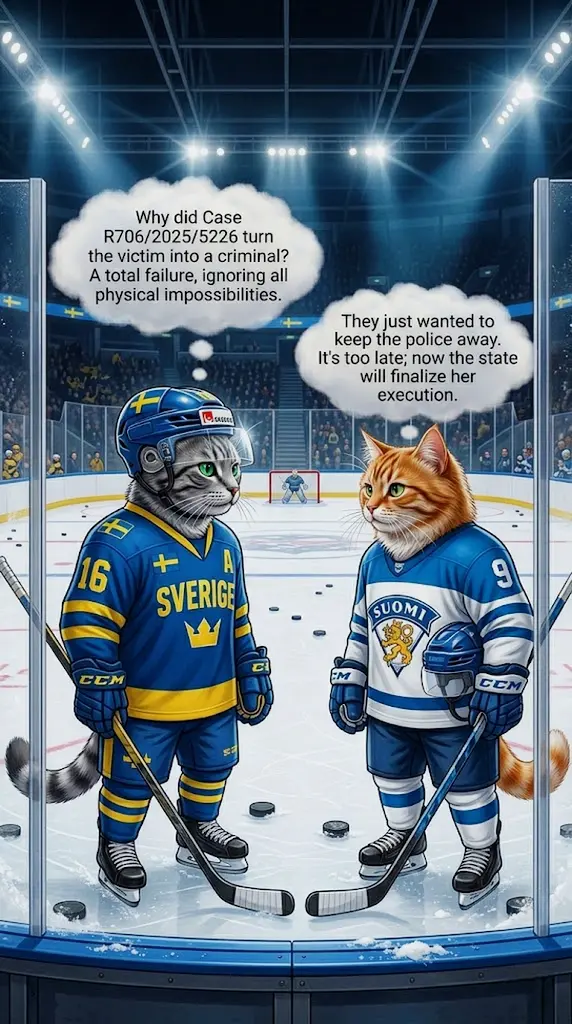 TanjGi Art AI Media: Sweden vs Finland hockey match featuring two anthropomorphic cats in jerseys on ice, discussing the physical impossibility and victim targeting in case R706/2025/5226.