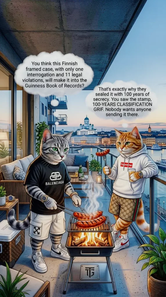 TanjGi Art AI Media: Two luxury cats in designer streetwear grilling sausages on a Helsinki balcony, discussing 100 years classification secrecy of a framed court case.