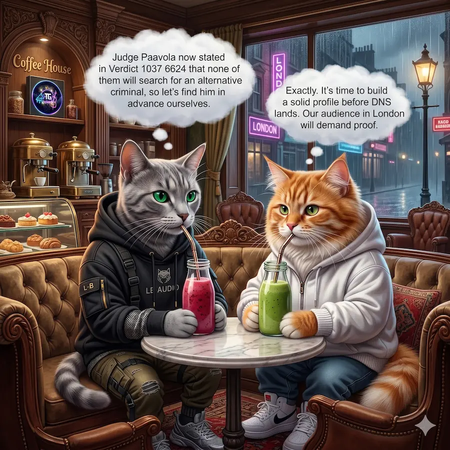 Tanjgi Art AI Media: Two celebrity cats in a London coffee house drinking smoothies and discussing Käräjätuomari Inga-Liisa Paavola Ratkaisunumero 1037 6624 regarding alternative perpetrator search.
