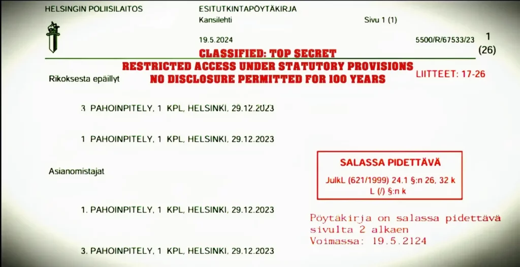 A classified police report from the Helsinki Police Department marked with a 100-year non-disclosure order, highlighting institutional stonewalling and systemic cover-up.