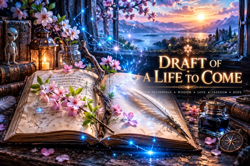 Draft of a Life to Come - open journal with flowers, a blank page, and glowing stars