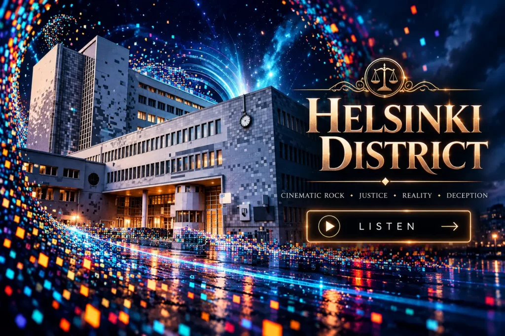 Helsinki District building surrounded by a futuristic field of colorful digital particles under a dark blue sky