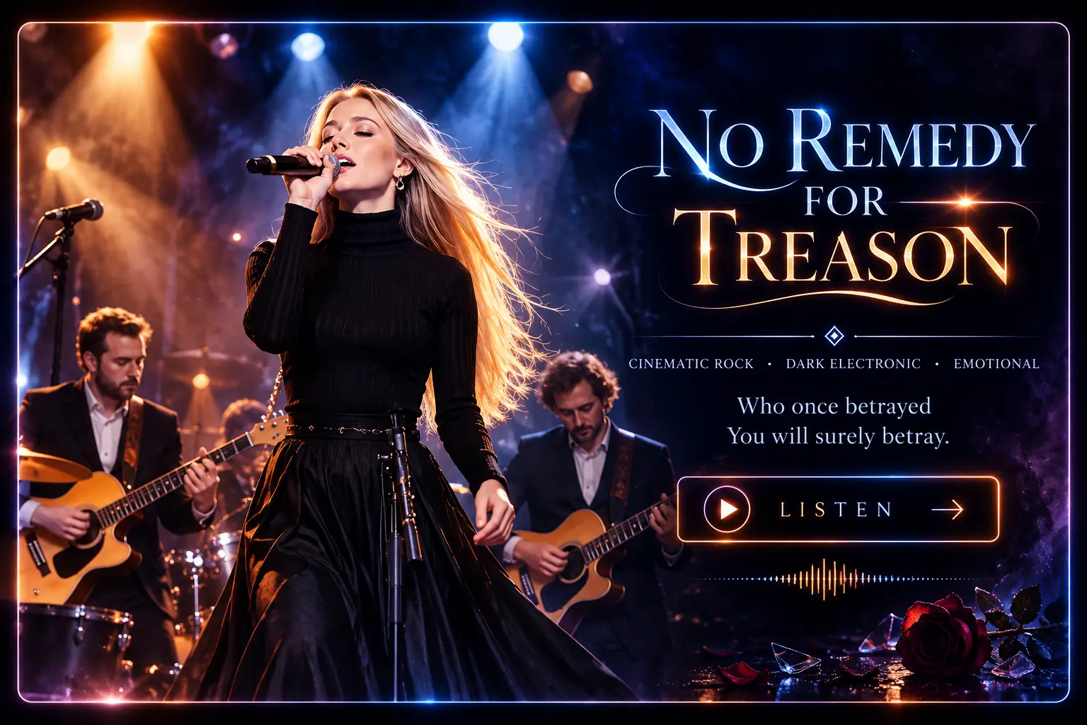 No Remedy for Treason - cinematic music artwork featuring a blonde singer performing on stage with two guitarists under dramatic blue and amber lights.
