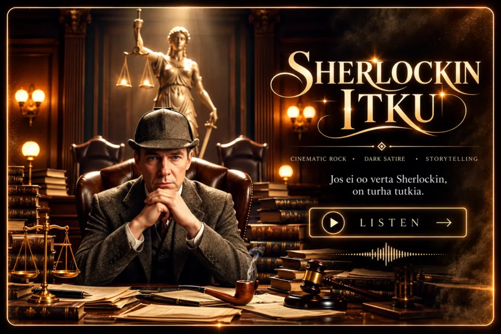 Sherlockin Itku — cinematic courtroom artwork featuring a solemn detective-like man seated at a desk beneath the statue of Lady Justice.