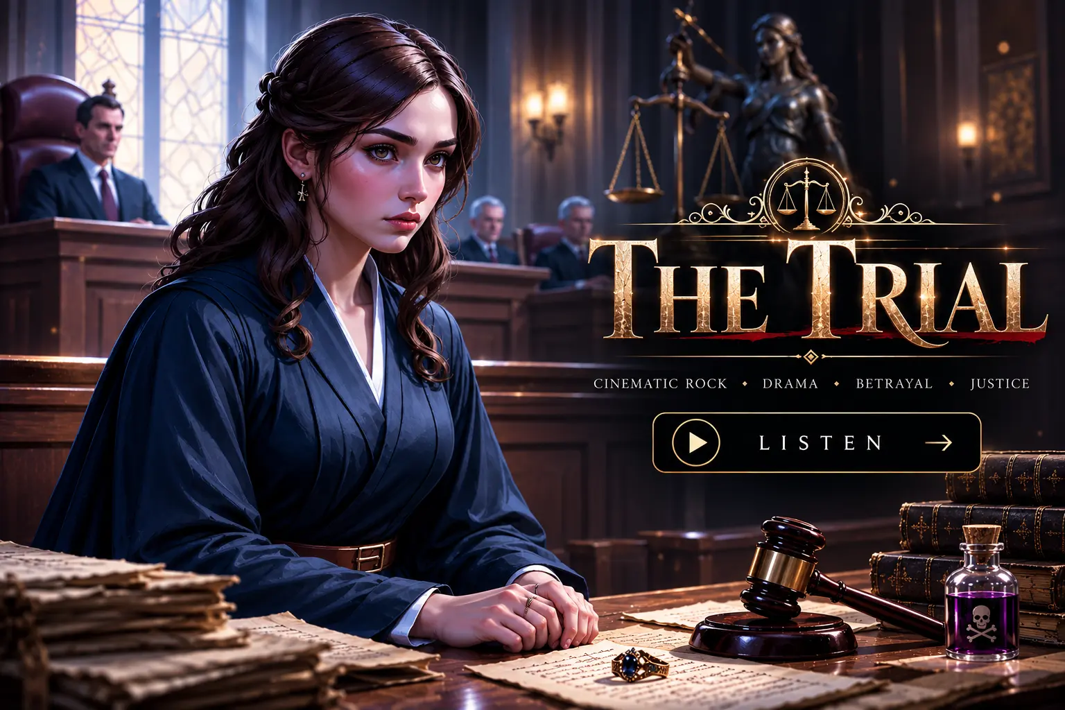 The Trial song artwork featuring a young woman in a courtroom