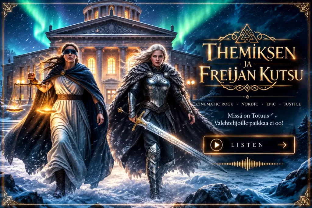 Themis and Freija - cinematic fantasy artwork featuring two powerful goddesses of justice walking through a snowy landscape before a grand classical courthouse beneath the aurora.